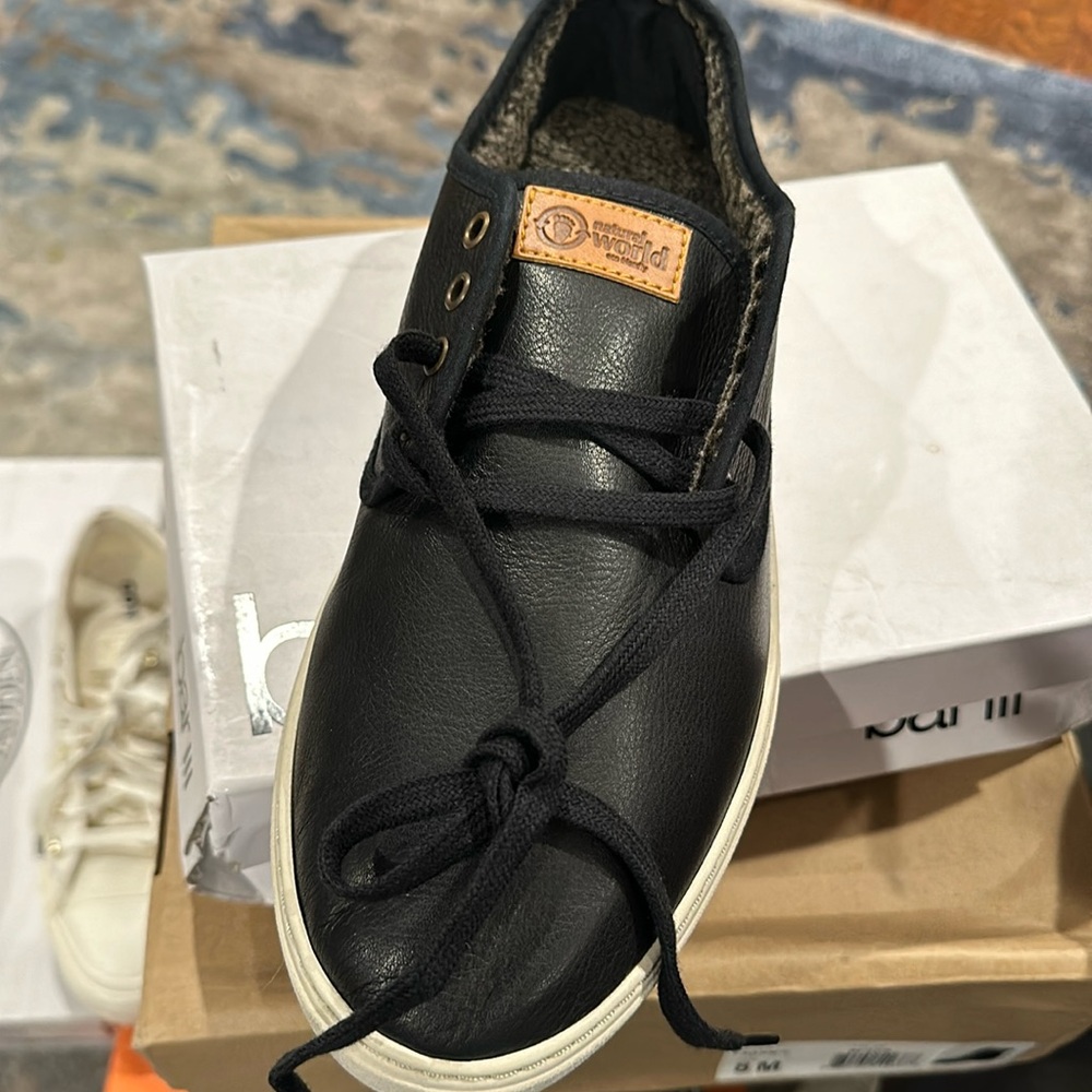 Natural World Black Leather Sneakers